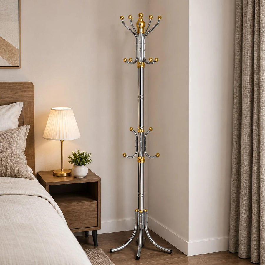 Stainless Steel Coat Rack Stand 12 Hook Entryway Bedroom Clothes Hanger Organizer