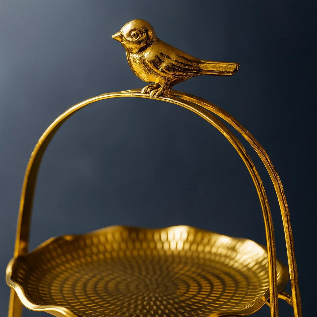 2-Tier Gold Serving Stand with Bird Topper