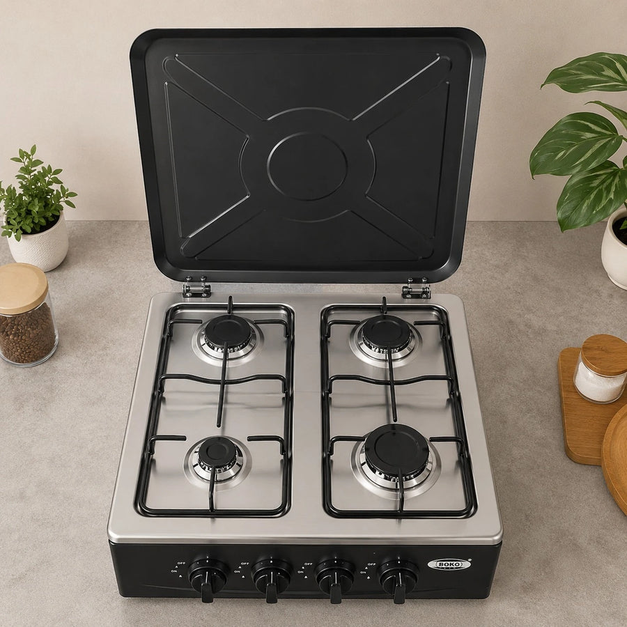 BOKO Gas Stove With Stand 4 Burner Gas Cooker Kitchen Stove Metal Storage Rack Freestanding Cooking Stove