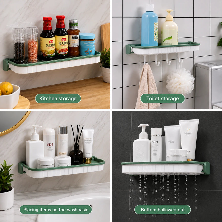 Wall Mounted Foldable Bathroom & Kitchen Storage Shelf with Hooks No Drill Organizer