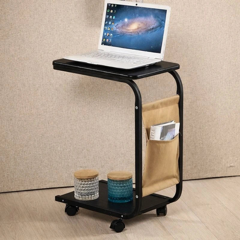 C Shaped 2 Tier Side Table With Wheels Sofa Bedside Laptop Coffee Table For Home Office - Image 6