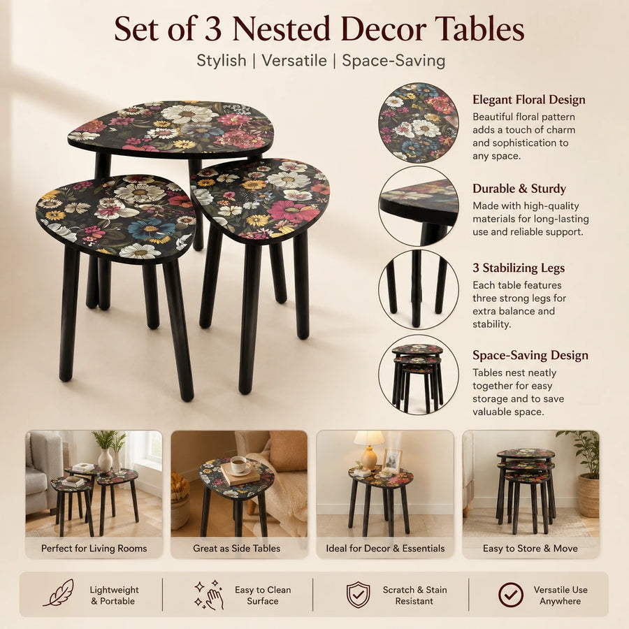 Floral Nesting Side Tables Set of 3 | Decorative Side Tables for Living Room Bedroom & Office