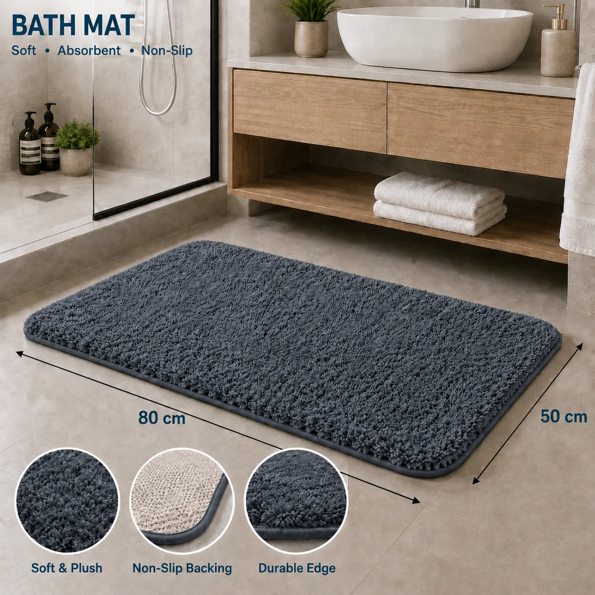 Plush Non Slip Absorbent Bathroom Mat 80 × 50 cm
