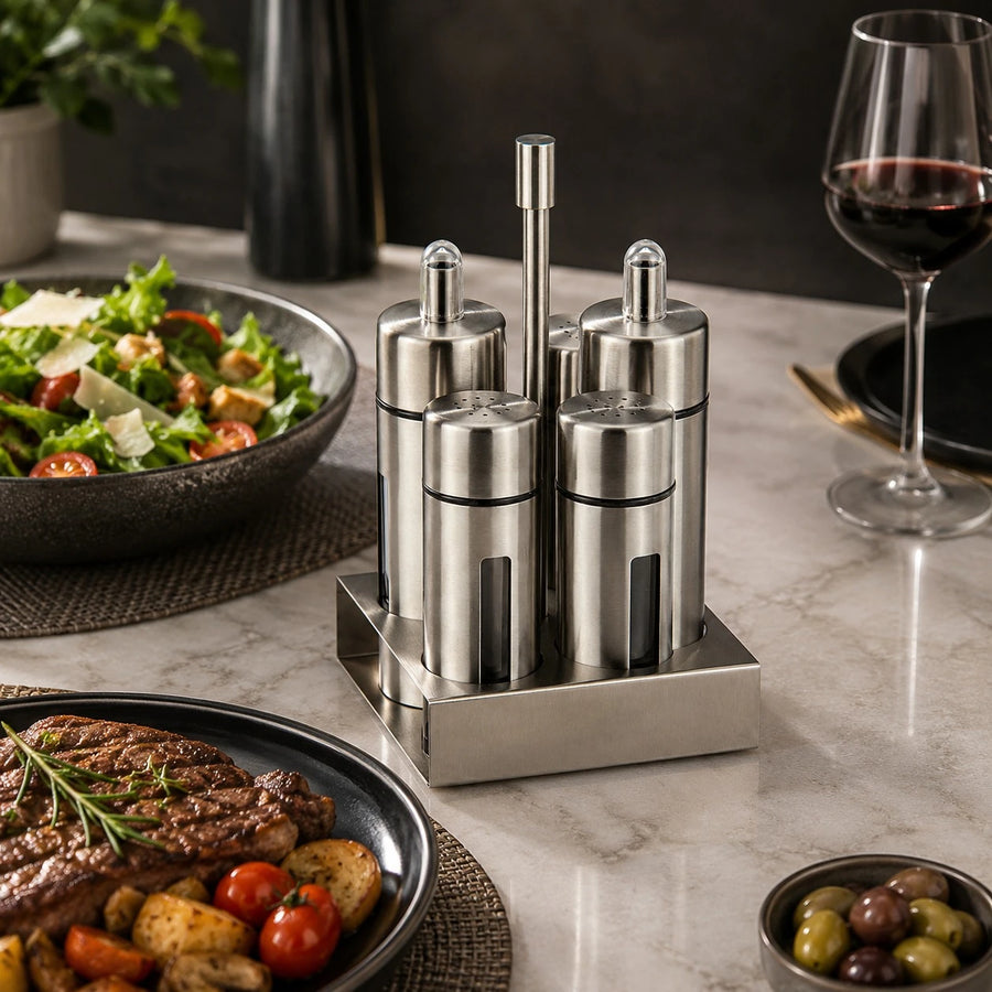 304 Stainless Steel Oil & Vinegar Bottle Set with Salt & Pepper Shakers and Holder 5 Piece Condiment Set