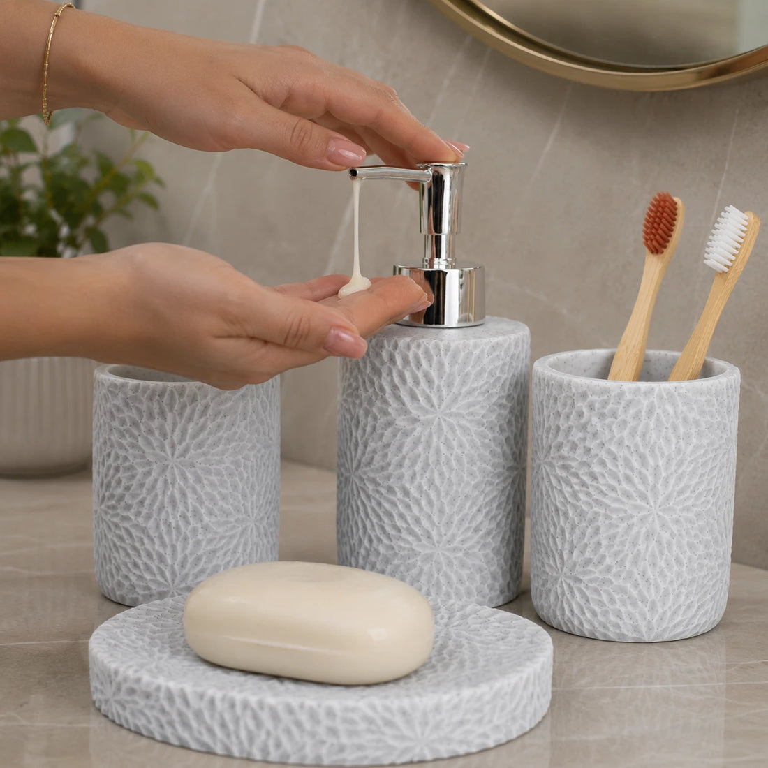 4 Piece Ceramic Bathroom Accessories Set with Soap Dispenser, Toothbrush Holders & Soap Dish