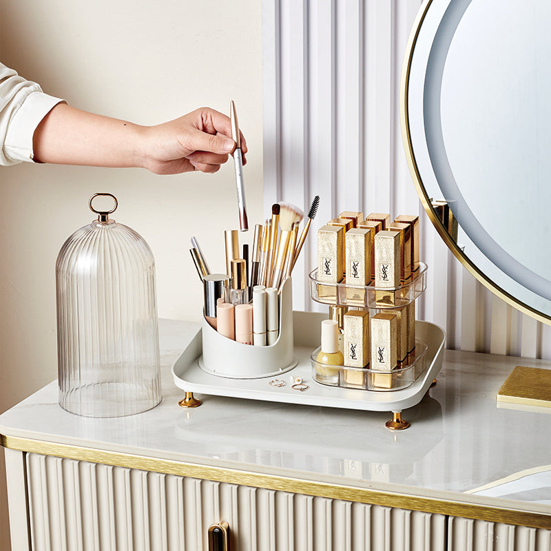 Makeup Organizer Tray with Dustproof Cover and 2 Tier Cosmetic Storage Rack