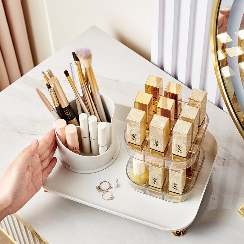 Makeup Organizer Tray with Dustproof Cover and 2 Tier Cosmetic Storage Rack
