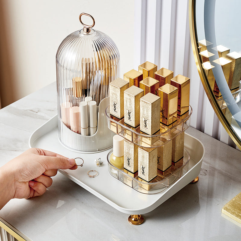 Makeup Organizer Tray with Dustproof Cover and 2 Tier Cosmetic Storage Rack