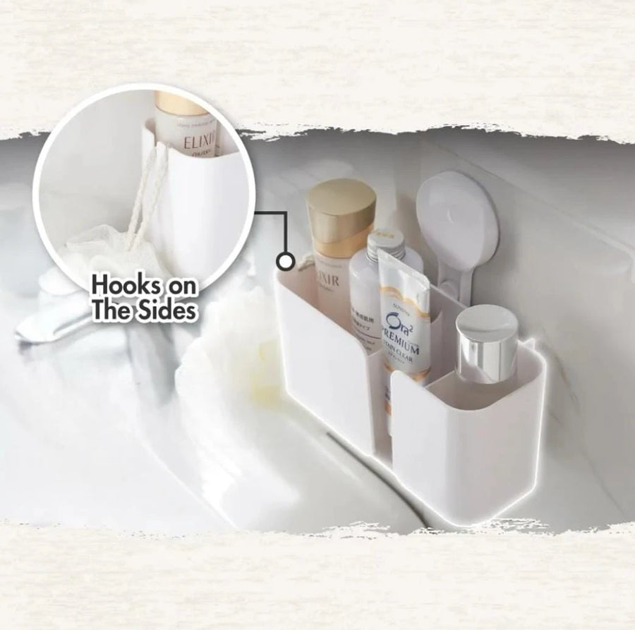 Self Adhesive 3 Compartment Wall Mounted Bathroom Organizer with Hooks and Drainage Holes