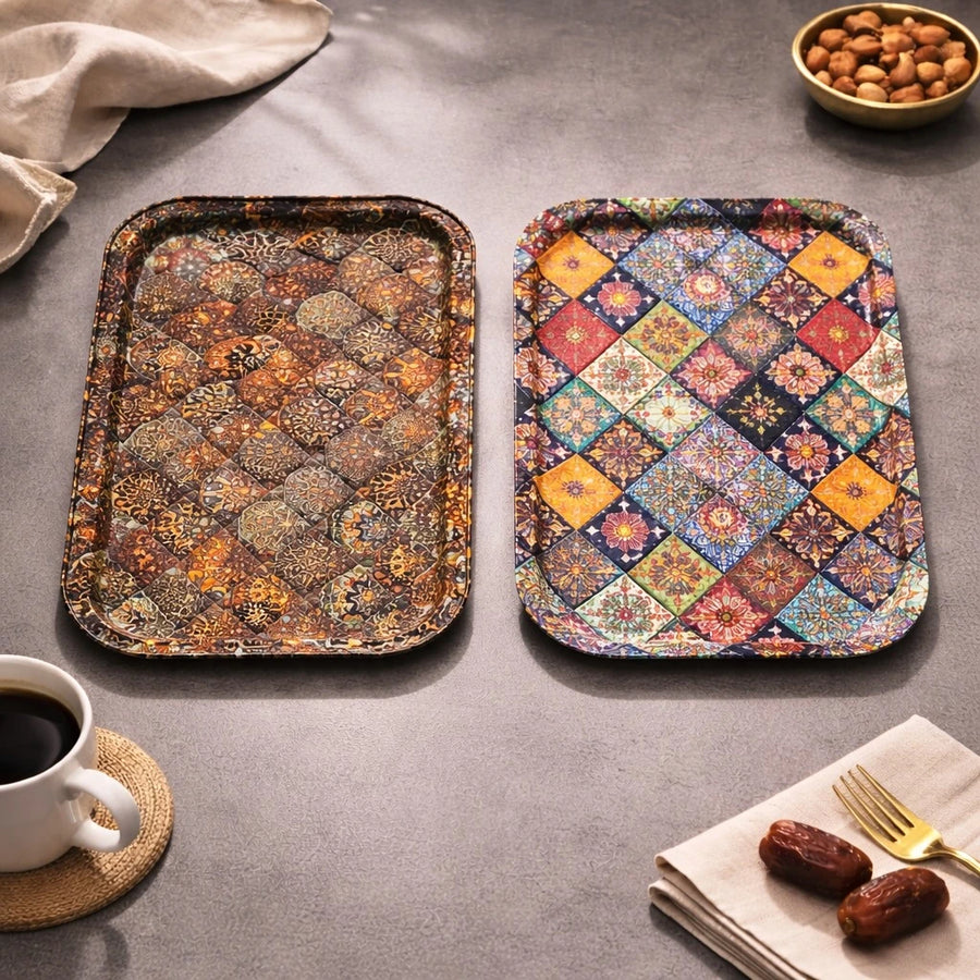 Turkish Serving Tray Metal Tray Mandala Ottoman Mosaic Design Coffee Snack Tray Rectangular Decorative Tray Medium Size Assorted