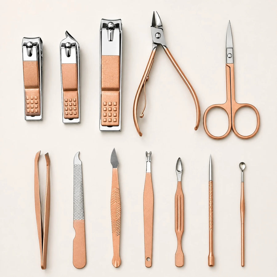 Manicure Pedicure Grooming Kit 12 PCS Rose Gold Stainless Steel Nail Care Travel Set with Portable Storage Case Professional Personal Care Tools