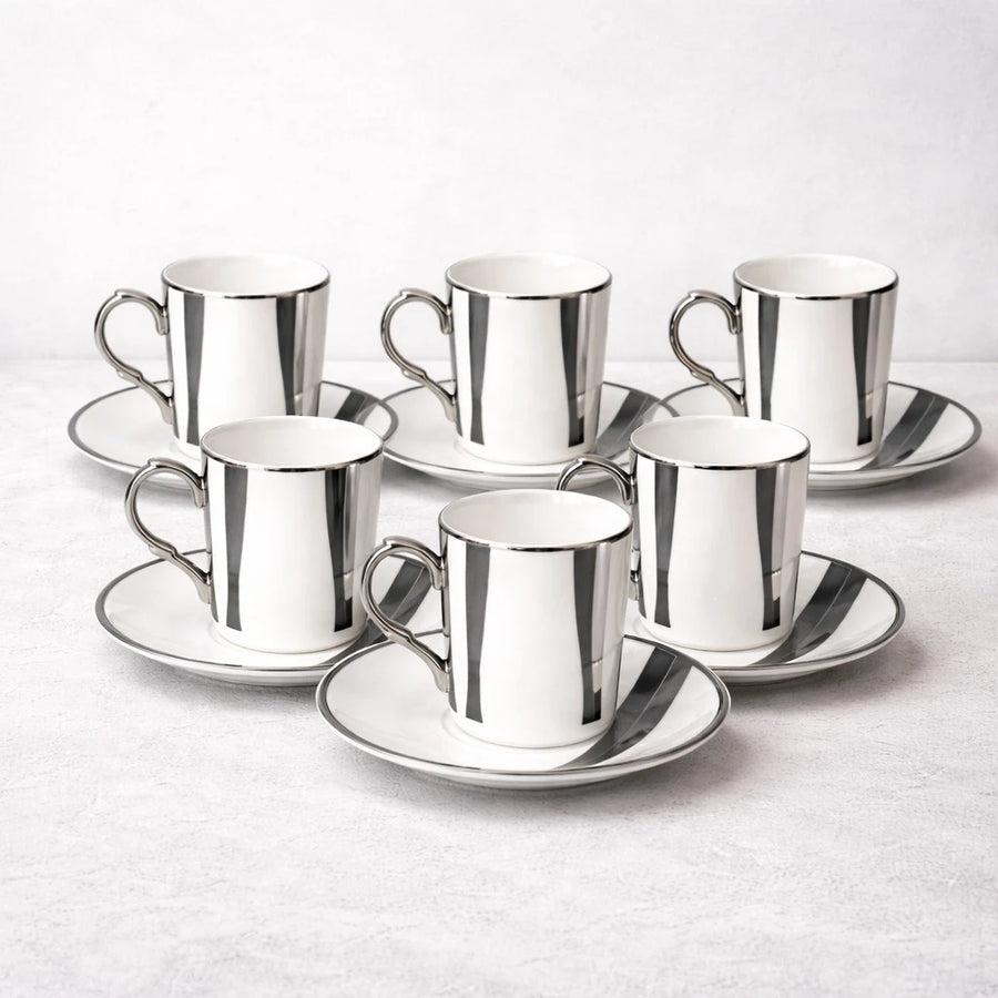 Porcelain Coffee Cup Set of 6 Turkish Coffee Espresso Cups Silver Stripe Luxury Drinkware