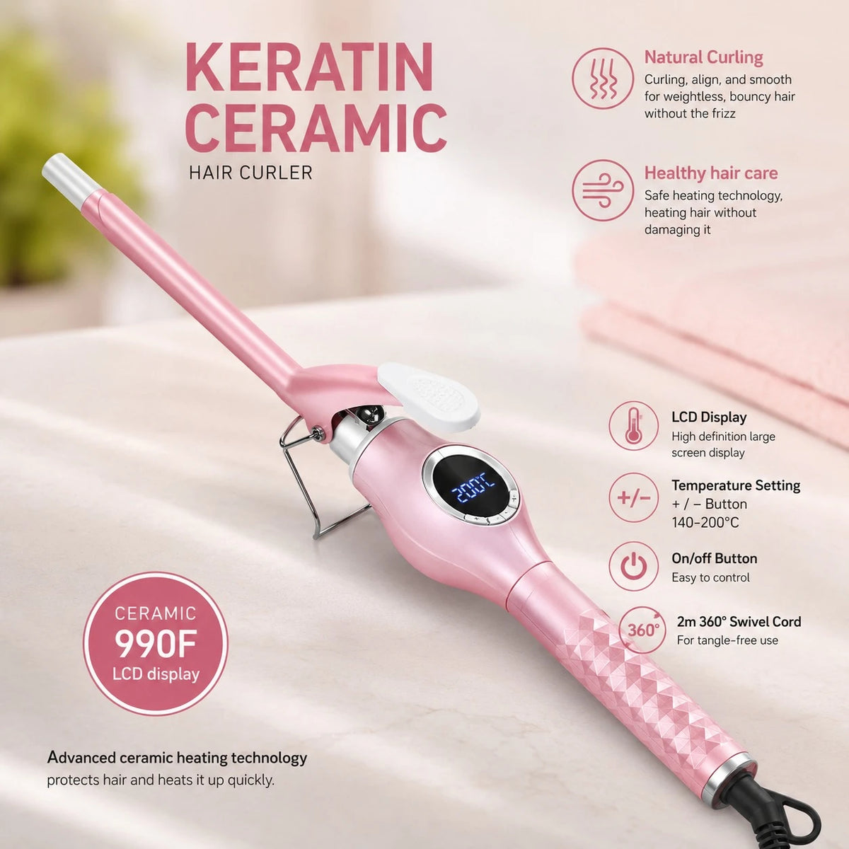 MoeHair 9mm Slim Ceramic Hair Curler Wand LCD Display Tourmaline Ceramic Curling Iron Hair Styling Wand 45W–65W - Image 2