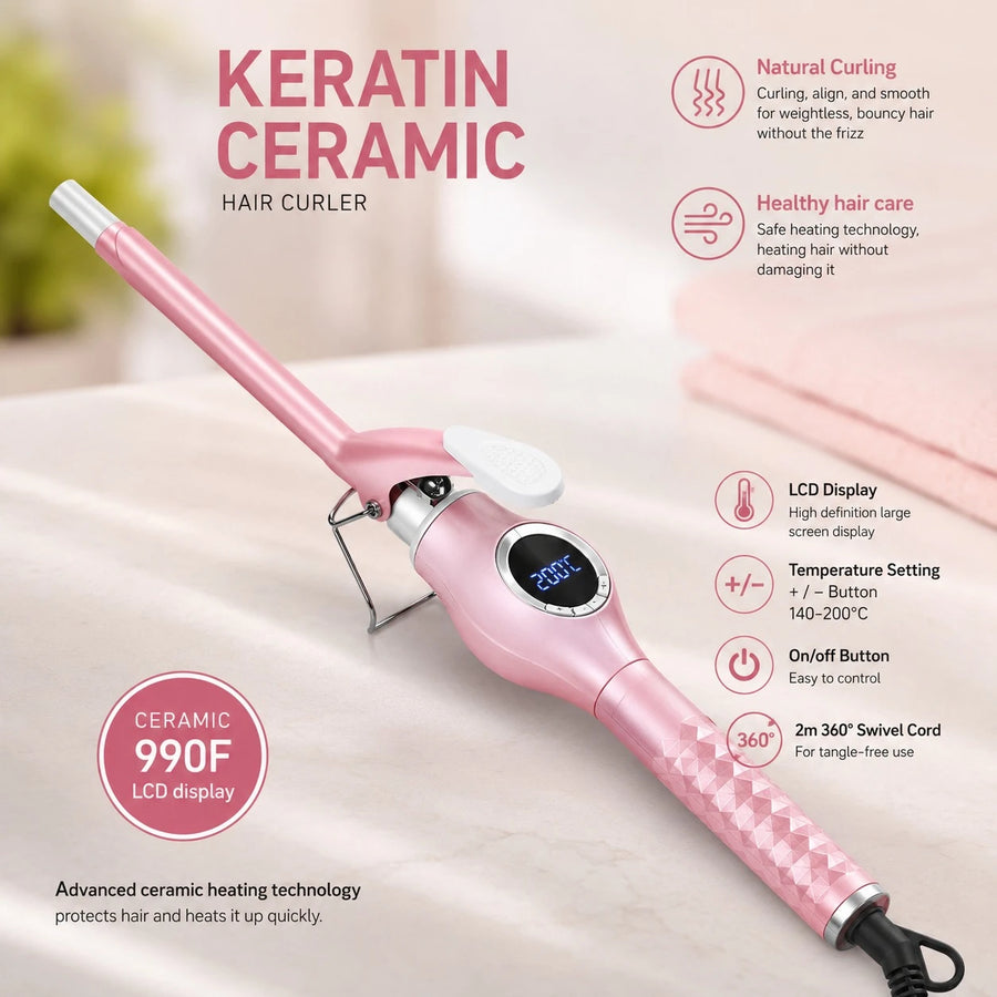 MoeHair 9mm Slim Ceramic Hair Curler Wand LCD Display Tourmaline Ceramic Curling Iron Hair Styling Wand 45W–65W