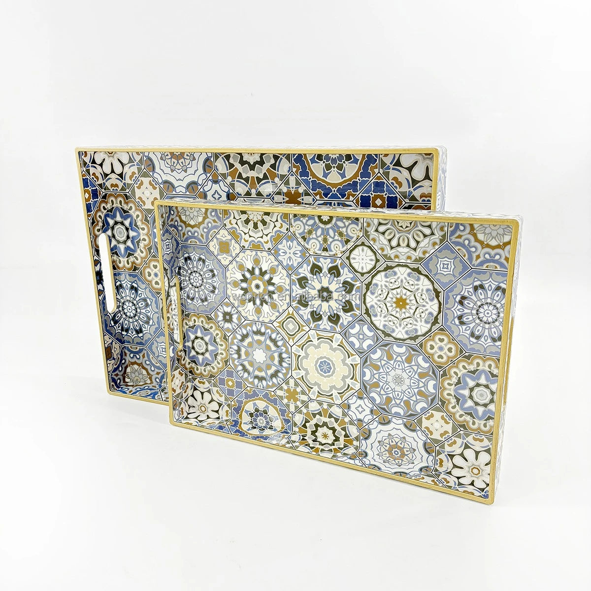 Arabesque Moroccan Tile Serving Tray Set 2 Pieces Rectangular Teal Gold Coffee Dining - Image 2