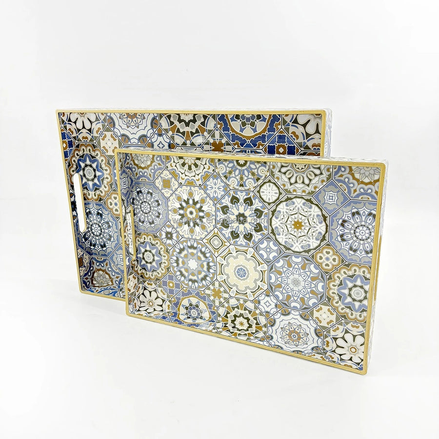 Arabesque Moroccan Tile Serving Tray Set 2 Pieces Rectangular Teal Gold Coffee Dining