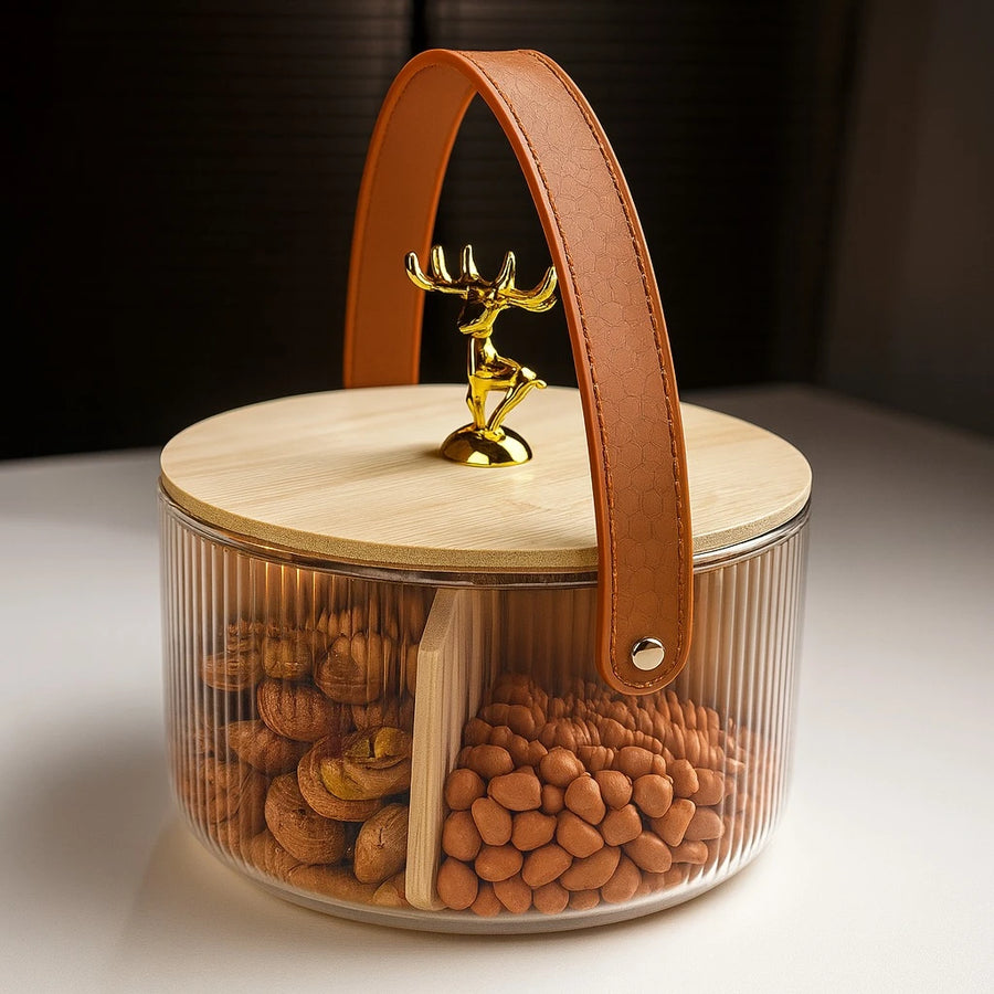 Golden Deer Glass Snack Jar with Bamboo Divider Storage for Nuts, Candies, Snacks & Home Serving