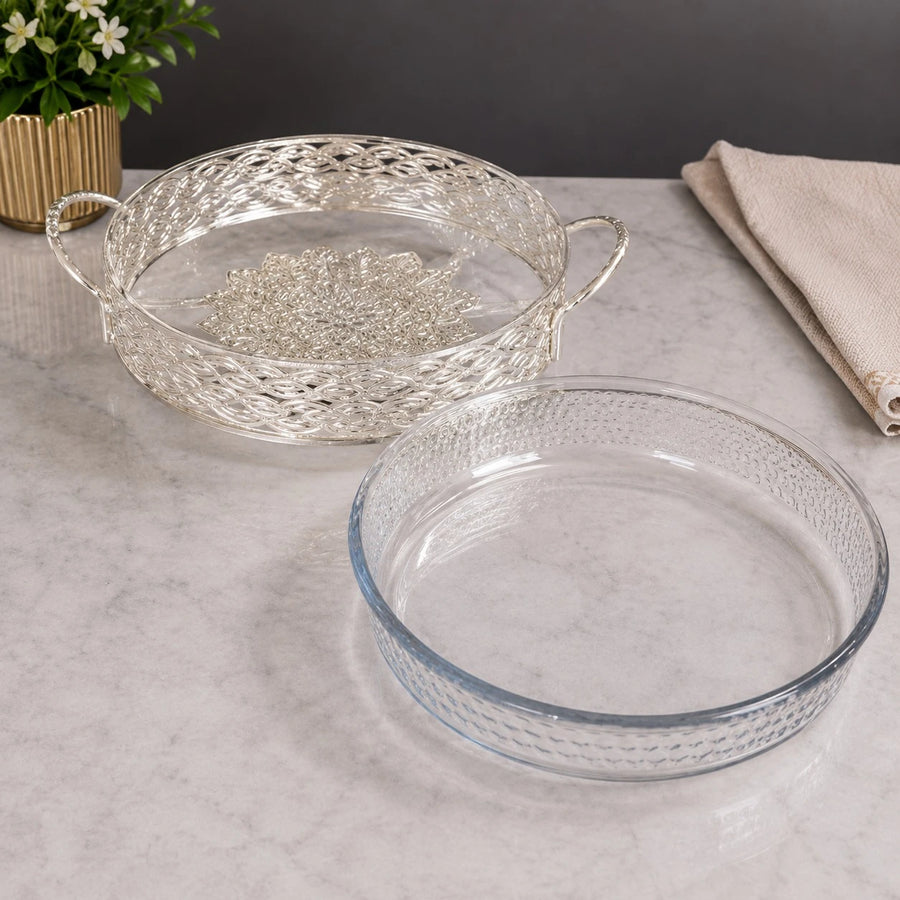 Decorative Silver Serving Tray With Glass Bowl Elegant Round Cake Fruit Dessert Display Bowl With Handles
