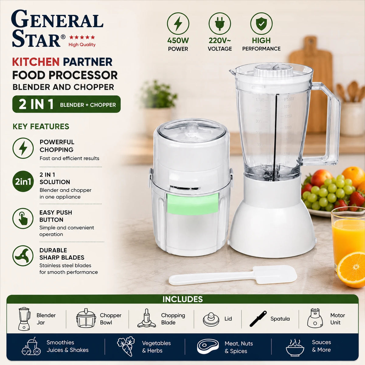 Blender And Chopper 2 In 1 Kitchen Partner Food Processor Smoothie Juice Mixer Grinder