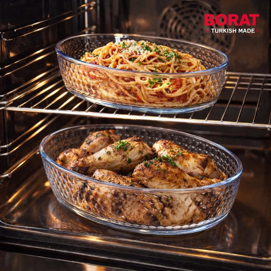Borart Oval Baking Dish Set Glass Oven Baking Dish 2 PCS Heat Resistant Oven Safe Honeycomb Embossed Turkish Made