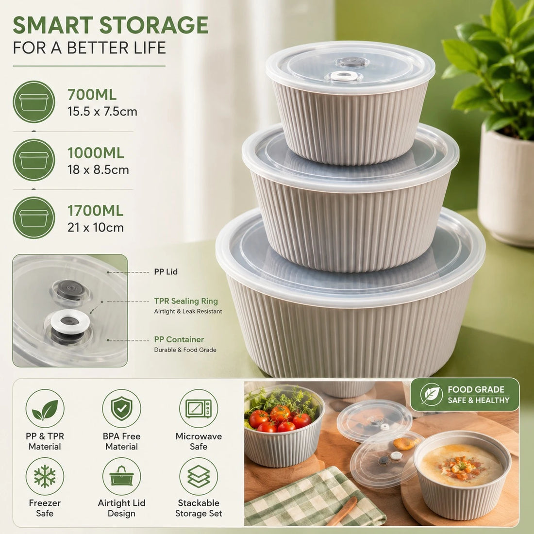 Food Storage Container Set Airtight Kitchen Storage Bowls Meal Prep Containers Ribbed Food Keeper Airtight Lid PP And TPR Microwave Freezer Storage Set