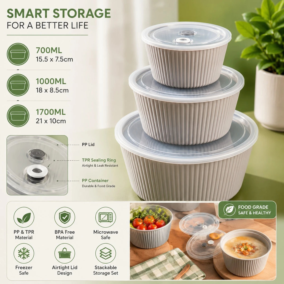 Food Storage Container Set Airtight Kitchen Storage Bowls Meal Prep Containers Ribbed Food Keeper Airtight Lid PP And TPR Microwave Freezer Storage Set