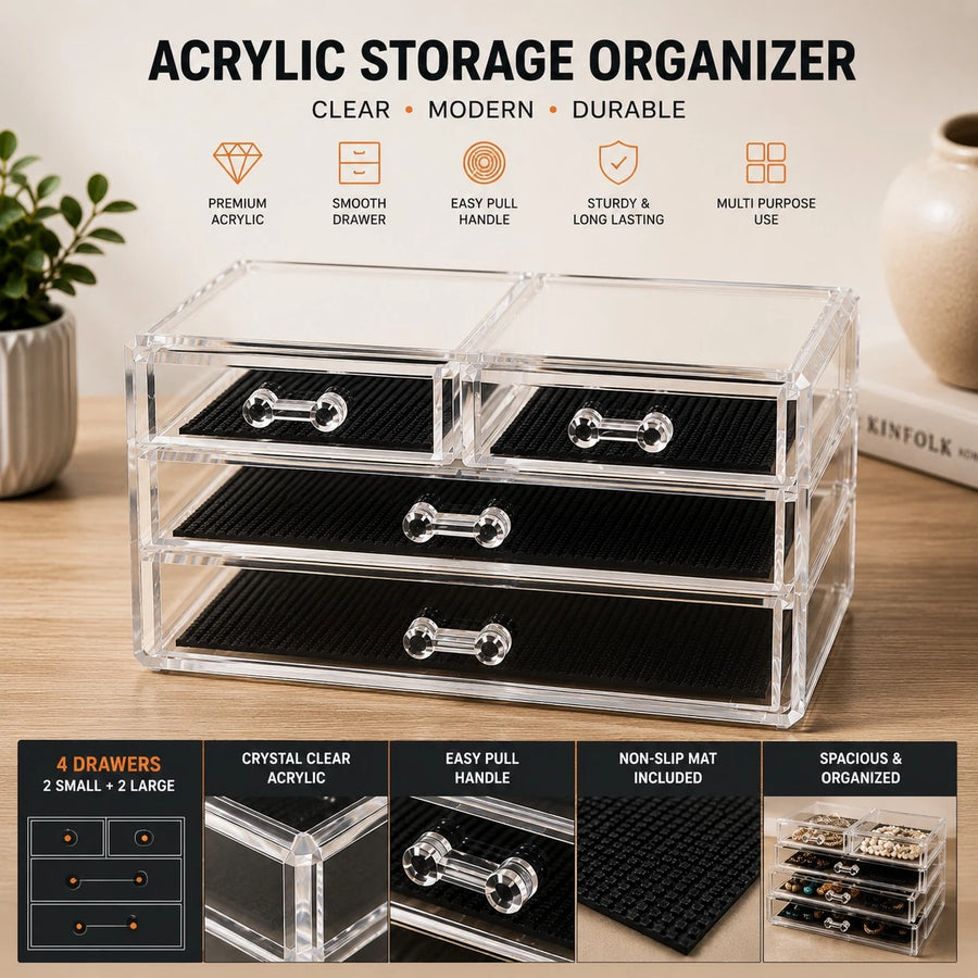 Acrylic Storage Organizer Clear 4 Drawer Jewelry Makeup Cosmetic Skincare Vanity Desktop Accessories Organizer Box With Non Slip Mats