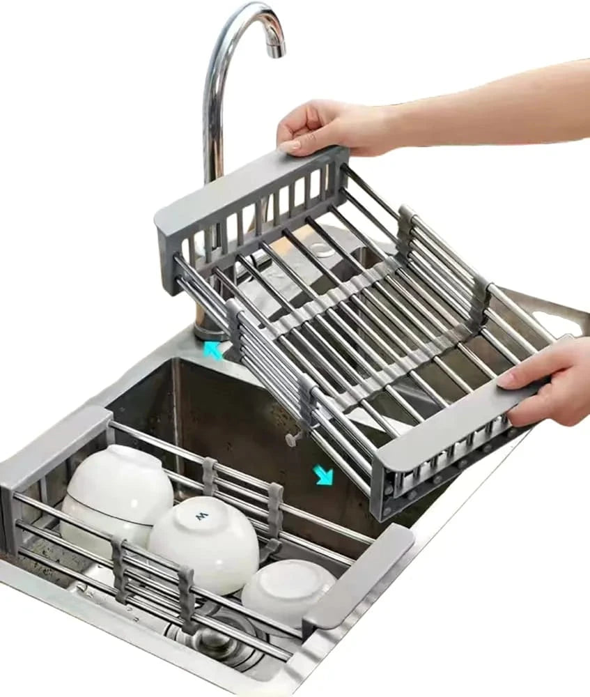 Adjustable Retractable Sink Dish Drying Rack Stainless Steel Kitchen Organizer Dish Drainer Fruit Vegetable Rinse Basket Over Sink Storage