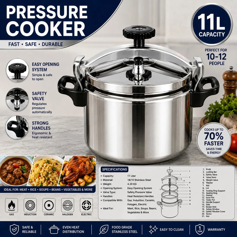 Pressure Cooker 11 Liter Stainless Steel Fast Cooking Pot Easy Opening Safety Valve Induction Gas Kitchen Cookware Heavy Duty Family Cooking Pot