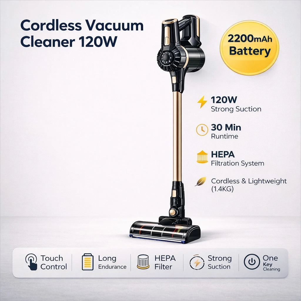 Cordless Vacuum Cleaner 120W Powerful Suction HEPA Filter Cordless Lightweight Multi Attachment