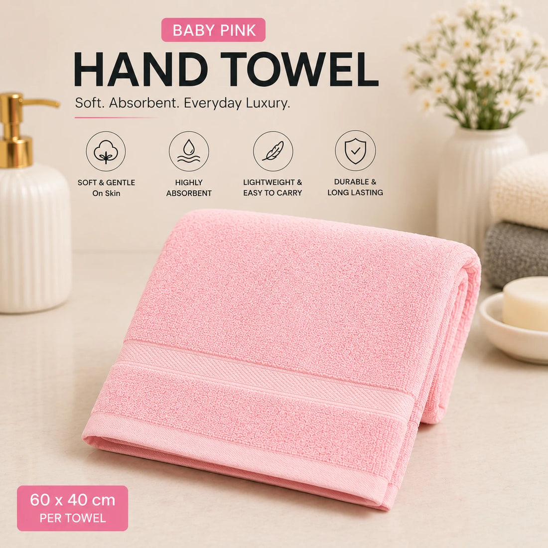 Travel Hand Towel Soft Cotton Absorbent Bathroom Face Towel 60x40 cm