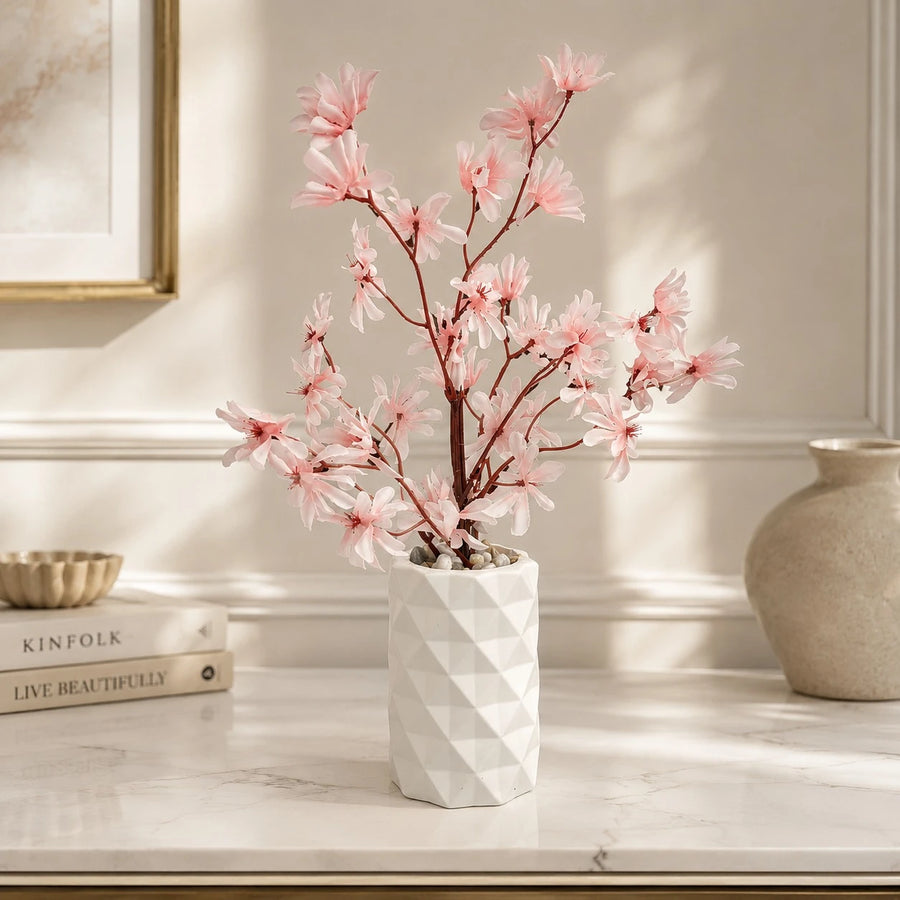 Artificial Pink Blossom Potted Plant Decorative Flower Vase Tabletop Home Office Shelf Decor