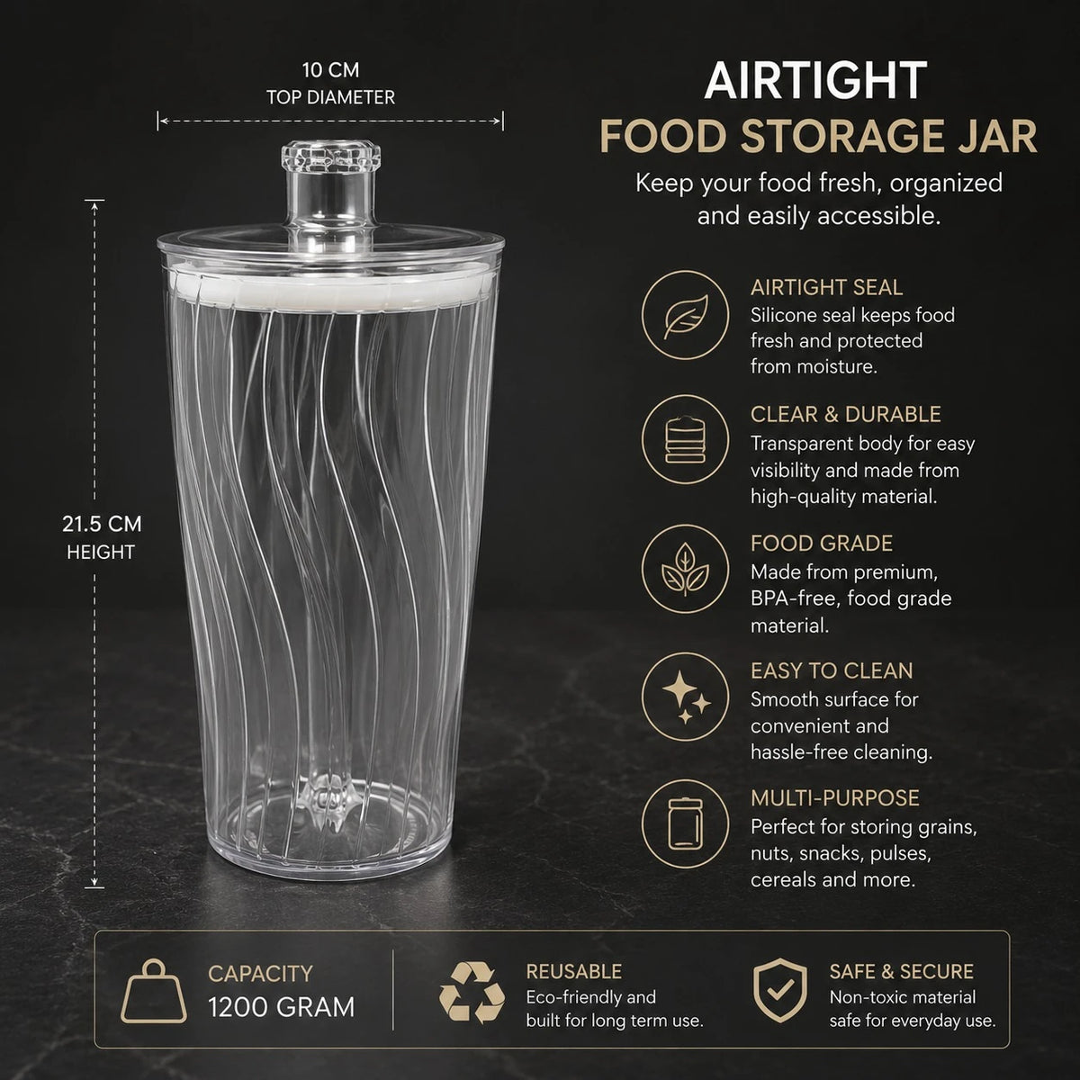Storage Jar Airtight Food Container Clear Plastic Pantry Organizer Kitchen Canister Cereal Coffee Beans Pasta Nuts Dry Fruits Storage Container 1200g Capacity - Image 3