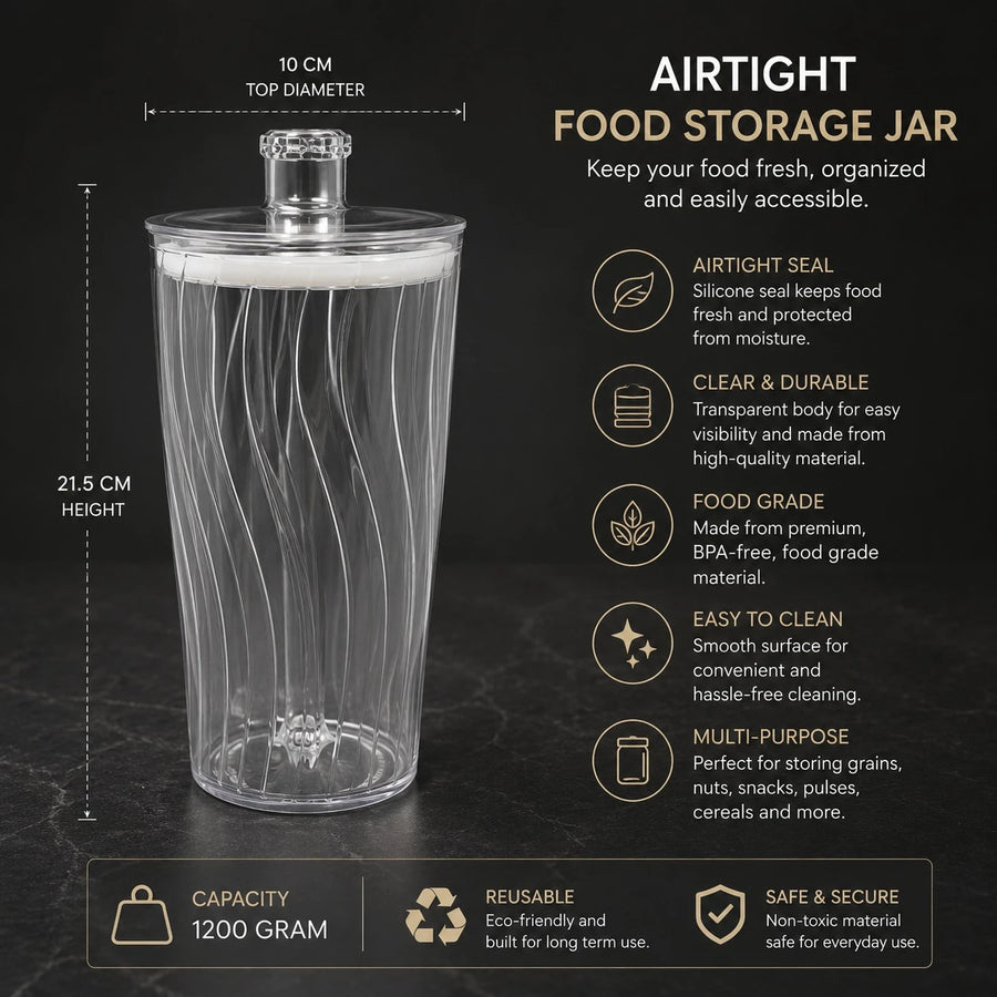 Storage Jar Airtight Food Container Clear Plastic Pantry Organizer Kitchen Canister Cereal Coffee Beans Pasta Nuts Dry Fruits Storage Container 1200g Capacity