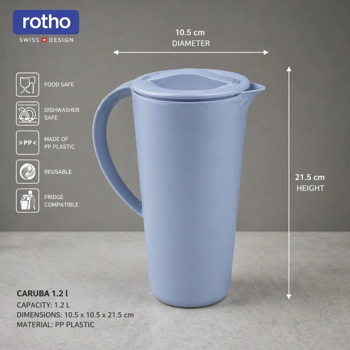 Plastic Water Pitcher With Lid Rotho Swiss Made Caruba 1.2L Fridge Water Jug Juice Container Durable PP Plastic