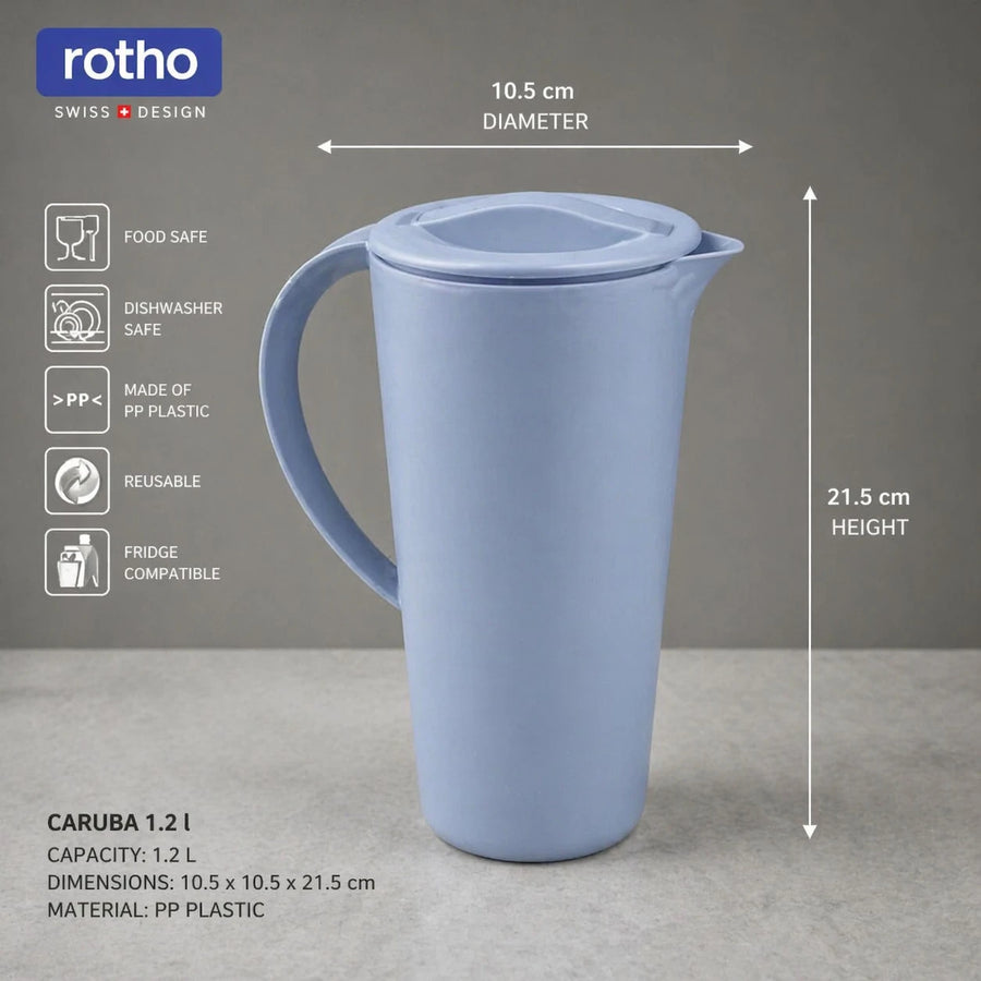 Plastic Water Pitcher With Lid Rotho Swiss Made Caruba 1.2L Fridge Water Jug Juice Container Durable PP Plastic