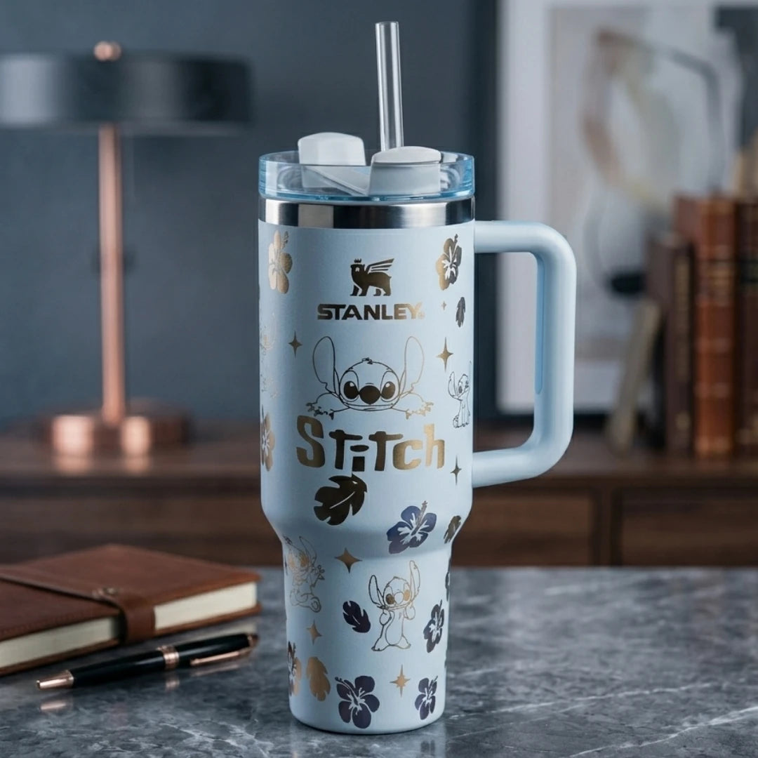 Stitch Inspired Stanley Style Stainless Steel Insulated Tumbler Cup With Handle Straw 40 Oz