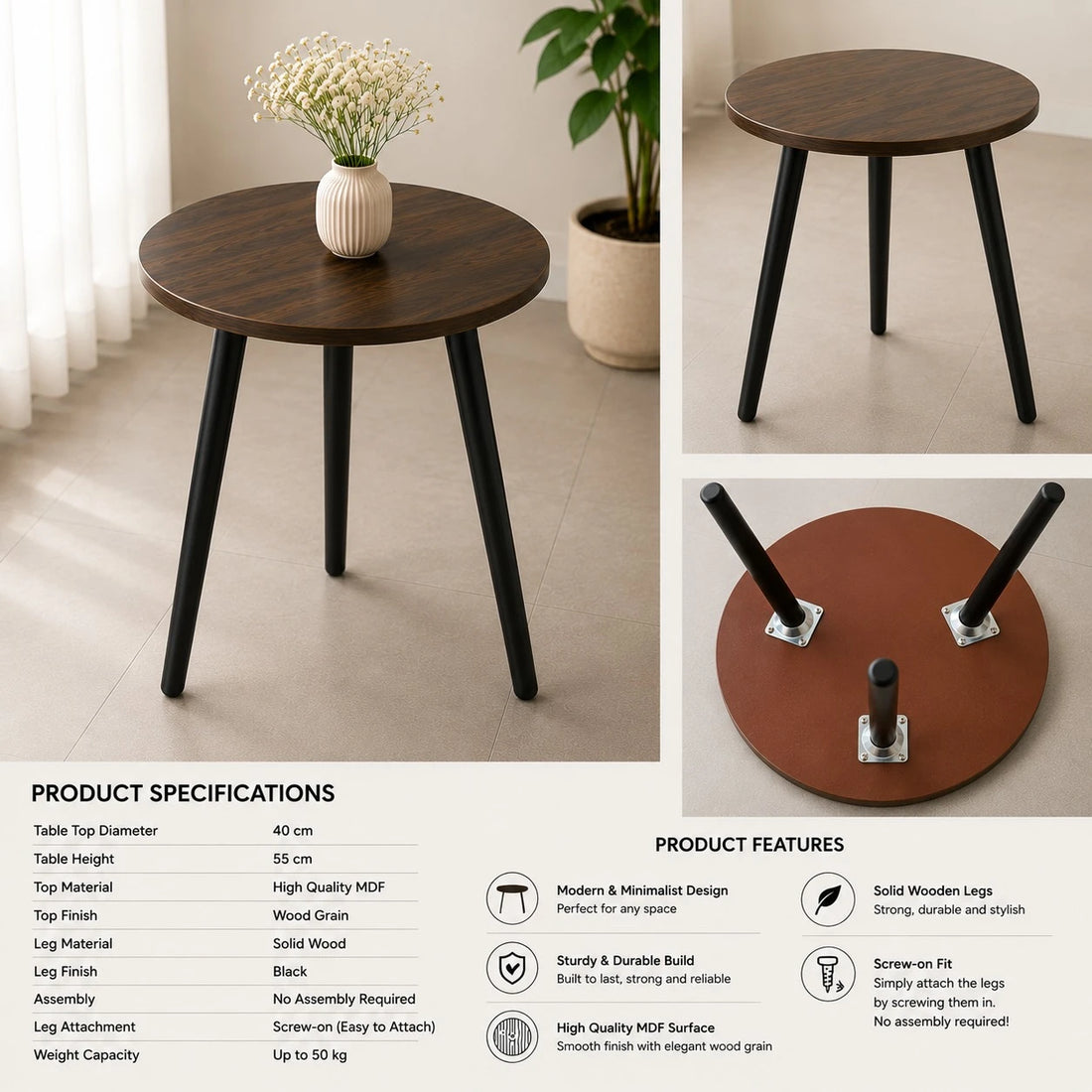 Round Marble Pattern Side Table 40 cm Modern Coffee Table | Living Room Bedroom Accent Table
