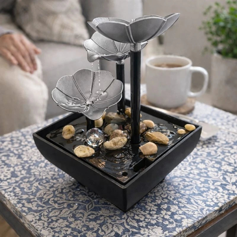Indoor Tabletop Water Fountain Lotus Zen Decorative Waterfall Feng Shui Home Office Desk Relaxation Decor