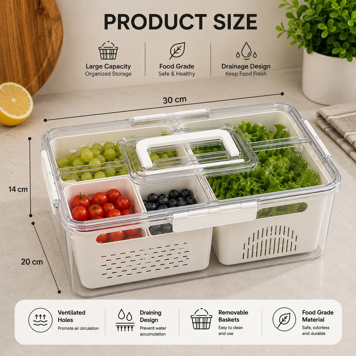 Food Storage Container With Removable Drain Basket Fridge Organizer Box Produce Keeper 30 x 20 x 14 cm