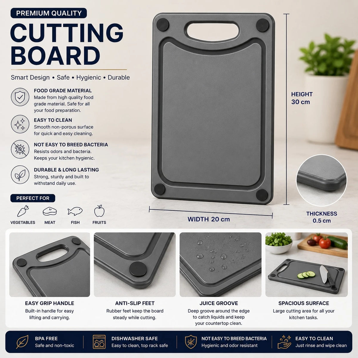 Small Cutting Board Double Sided Non Slip Kitchen Chopping Board BPA Free Dishwasher Safe Gray 30 × 20 cm