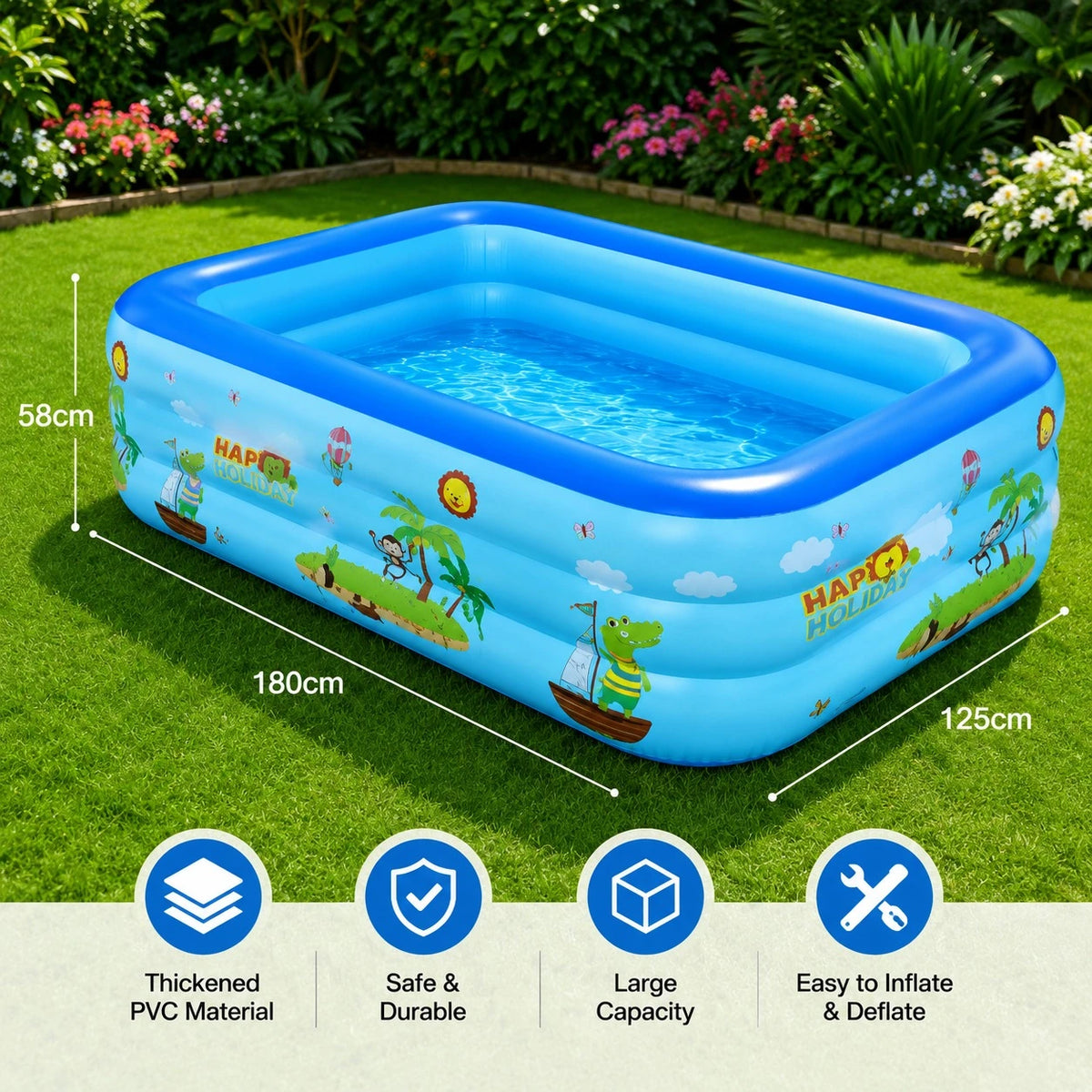 Inflatable Swimming Pool Medium Large Size 180x125x58cm 3 Layer Family Garden Pool Outdoor Water Play Pool
