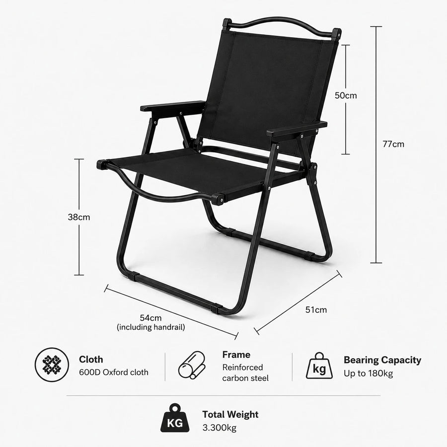Folding Camping Chair Heavy Duty Outdoor Garden Chair Portable Black Oxford Cloth Chair With Wooden Armrests