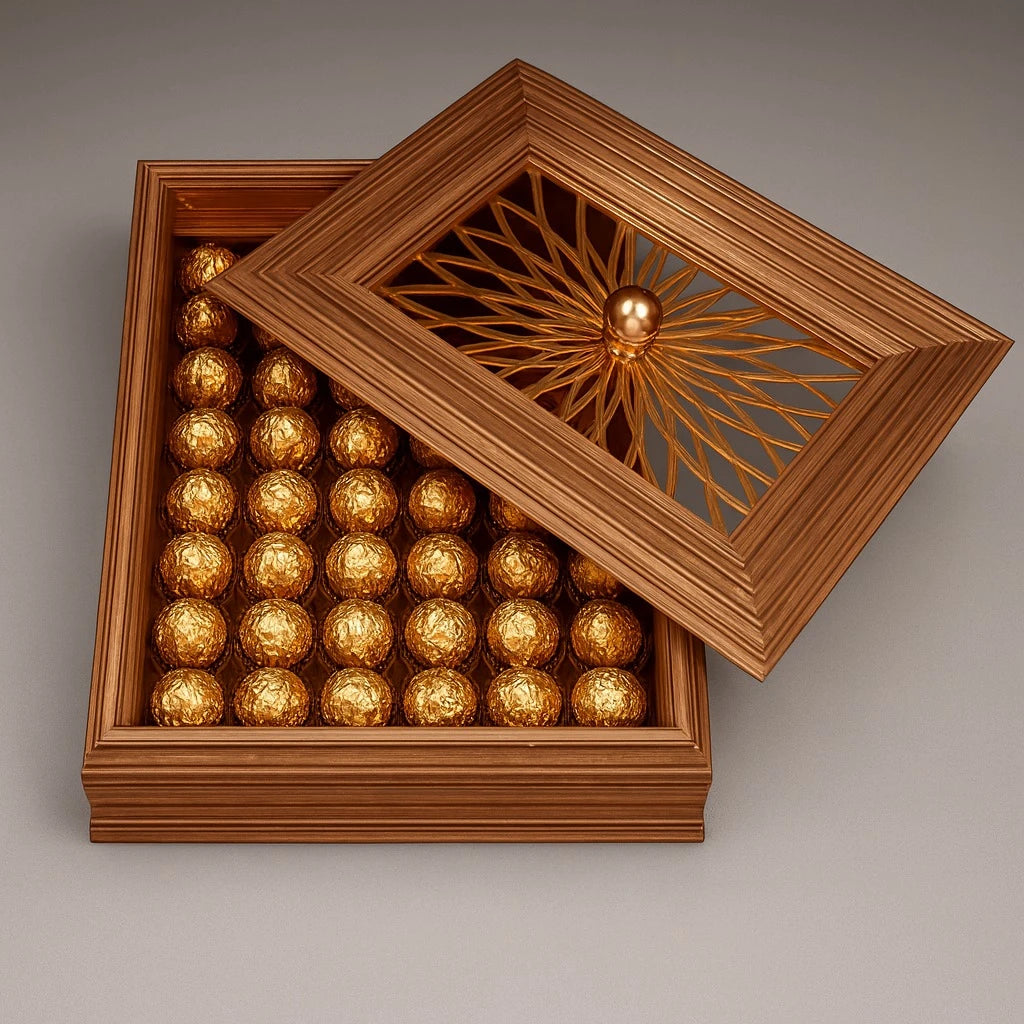Luxury Wooden Chocolate Box – Gold Lattice Lid