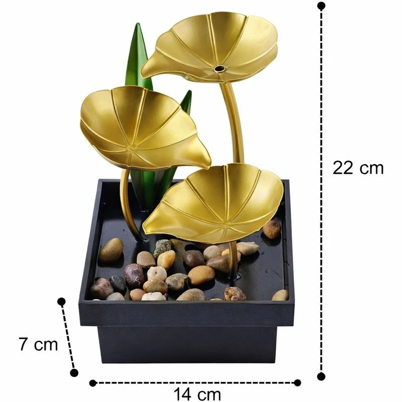 Decorative Tabletop Water Fountain Gold Lotus Leaf Indoor Zen Waterfall LED Light Home Office Relaxation Decor