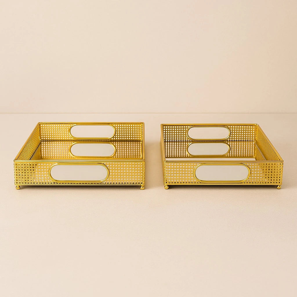 Gold Mesh Mirror Serving Trays – 2 Pcs Set, 35×25 cm & 30×20 cm - Image 3