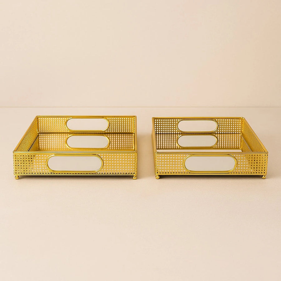 Gold Mesh Mirror Serving Trays 2 Pcs Set, 35×25 cm & 30×20 cm