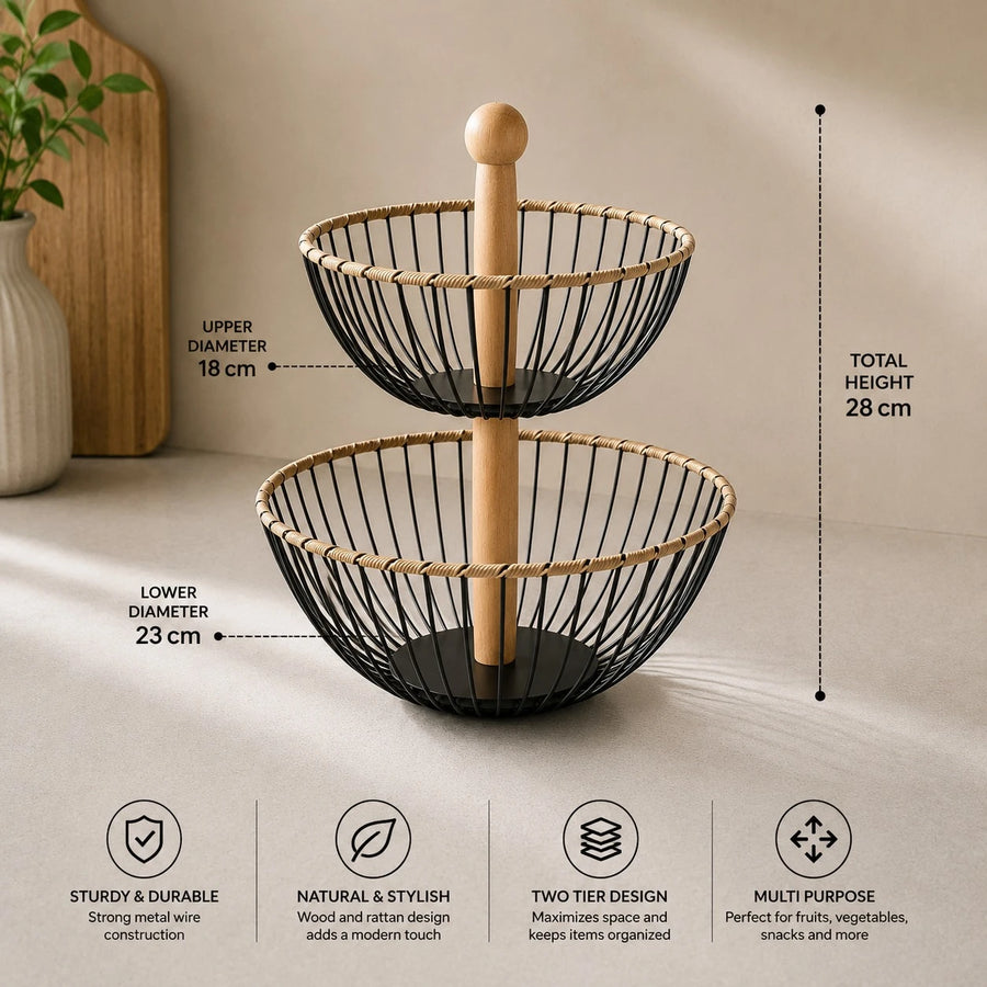 2 Tier Metal Wire Fruit Basket with Wooden Handle Kitchen Countertop Storage Organizer