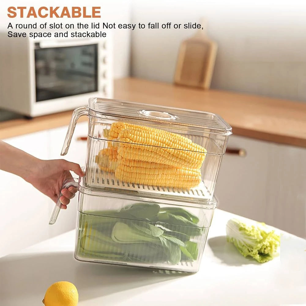 Fresh Keep Storage Drain Container Food Storage Box with Built In Drainer for Fruits Vegetables Fridge and Pantry Use