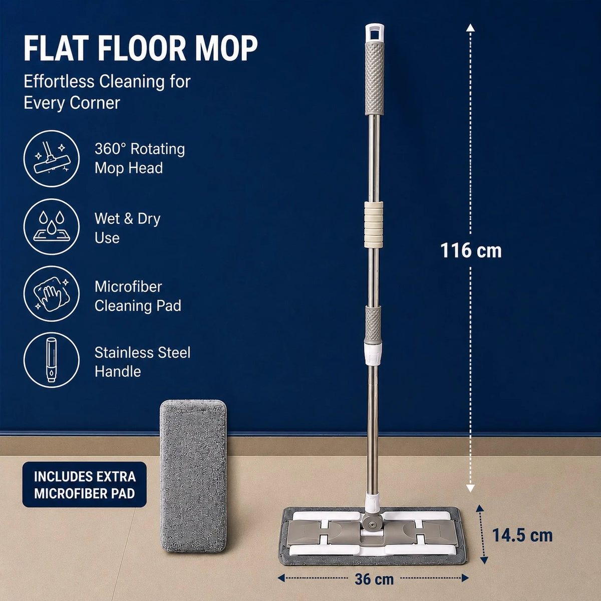 Flat Floor Mop Stainless Steel Handle Microfiber Cleaning Pad 180 Degree Swivel Head Wet Dry Mop With Extra Pad